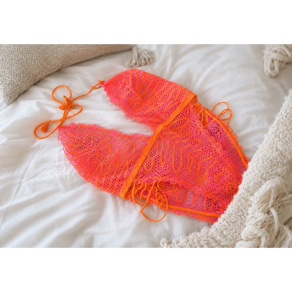 Savage X Fenty Stranded in Lace Crochet Teddy Neon Pink‎ Orange L NWT Lingerie